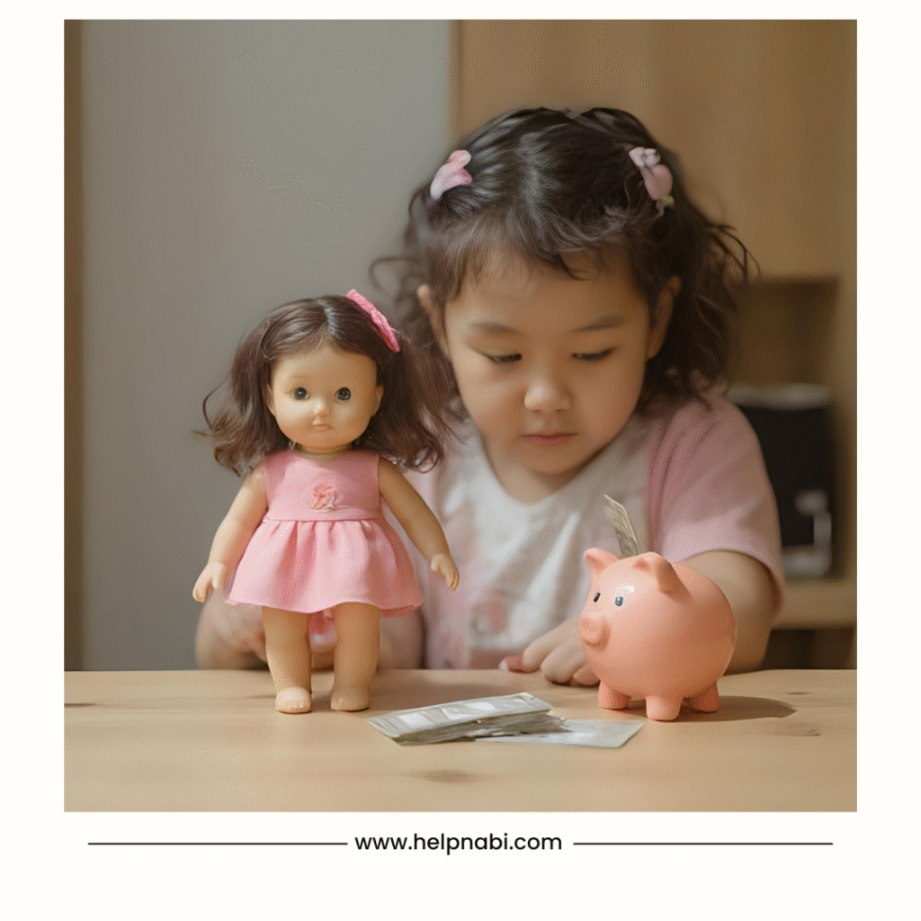 아이가 인형을 사고 싶어 하며 저금통에 돈을 보고있다