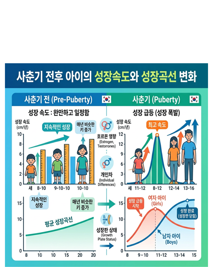 1 아이의 키가 조금씩 자라다가 사춘기에 들어서면서 성장곡선이 가파르게 올라가는 그림.