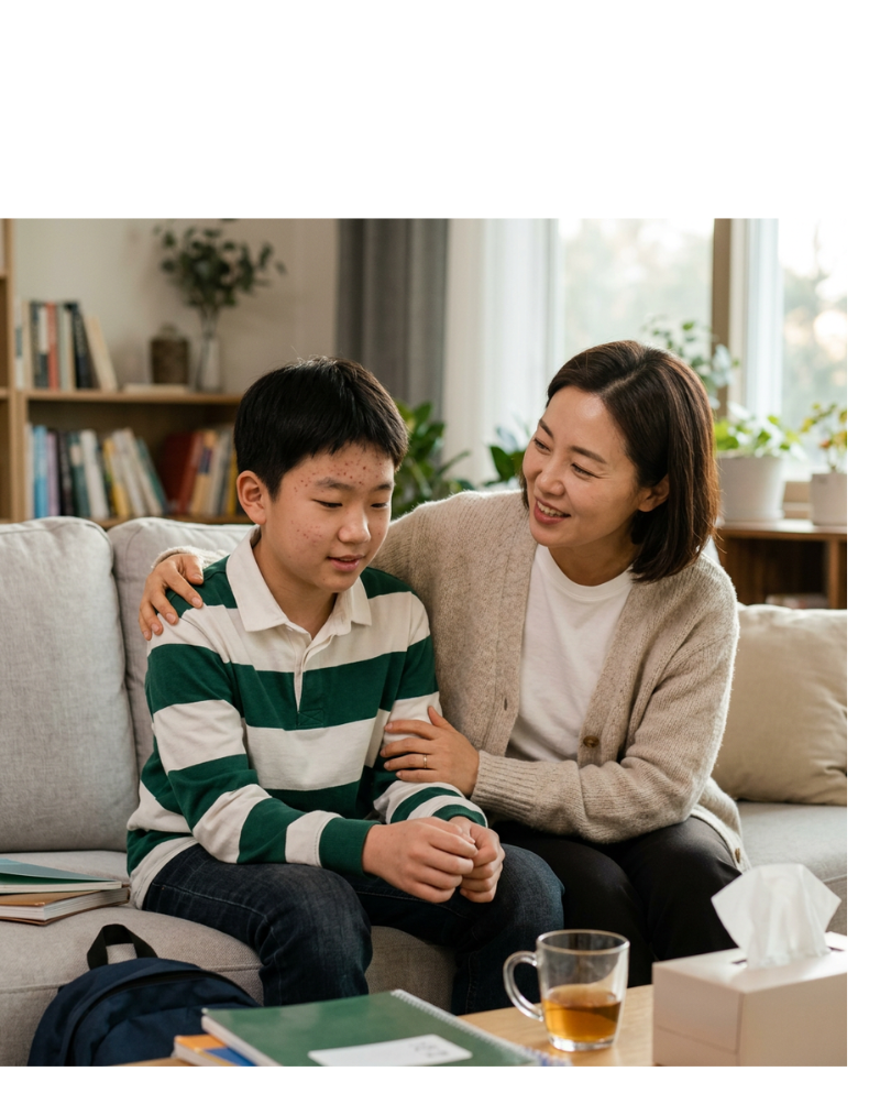 2 거울을 보며 얼굴의 작은 변화를 발견한 아이와 옆에서 자연스럽게 설명해주는 부모.