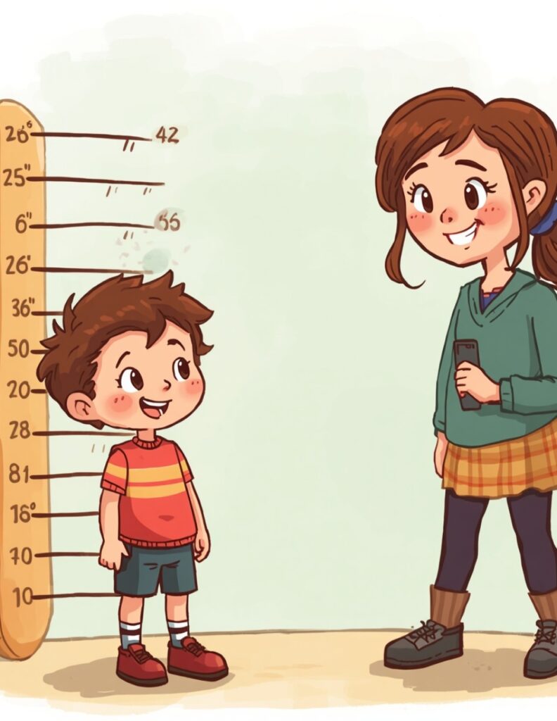 초등학교 저학년 아이가 키 측정판 앞에 서 있고, 옆에서 부모가 웃으며 바라보는 따뜻한 일러스트.