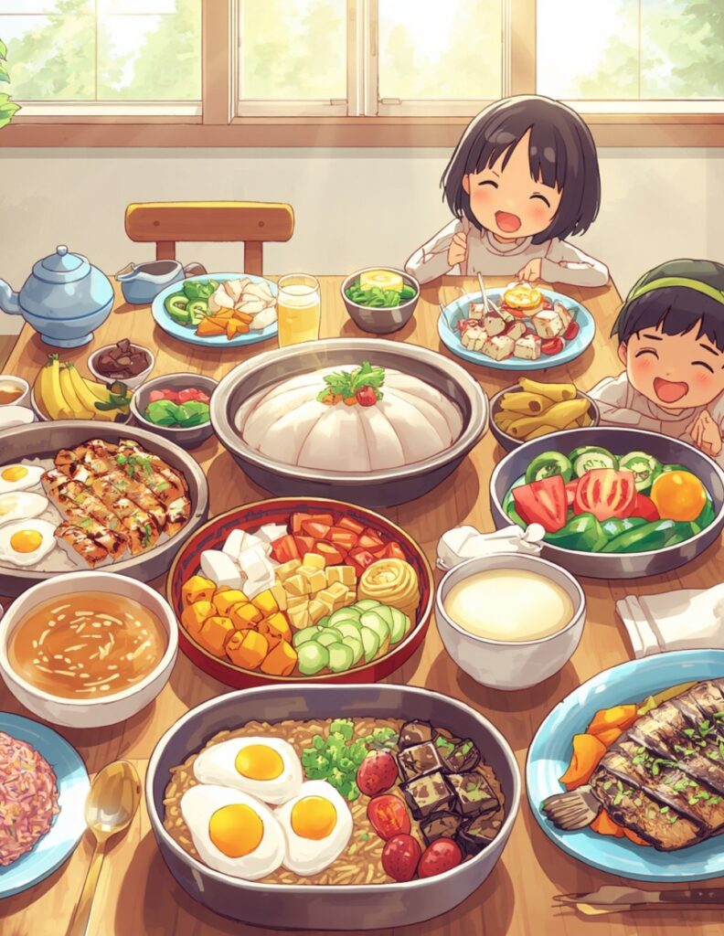 밥, 생선, 달걀, 두부, 채소, 과일, 유제품 등이 균형 있게 차려진 어린이 식탁.